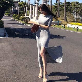 Short-sleeve Slit-front Maxi Dress