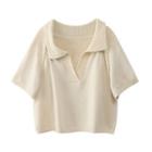 Short-sleeve Open-collar Knit Top Almond - One Size