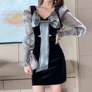 Long-sleeve Bow-front Mini Sheath Dress