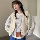 Striped Sweatshirt / Button-up Vest / Straight Leg Jeans