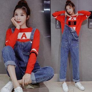 Striped Sweater / Pocketed Denim Dungarees / Set
