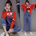 Striped Sweater / Pocketed Denim Dungarees / Set