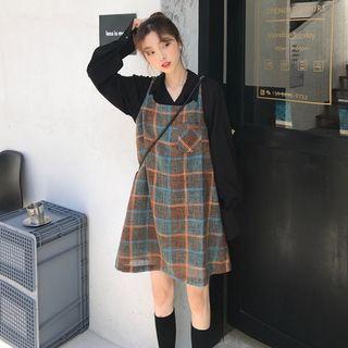 Plain Long-sleeve Loose-fit Shirt / Plaid Sleeveless Dress