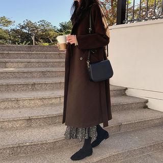 Double-breasted Wool Blend Coat With Sash Brown - One Size