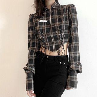 Lace-up Plaid Cropped Shirt