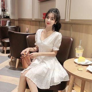 V-neck Short-sleeve A-line Eyelet Lace Dress