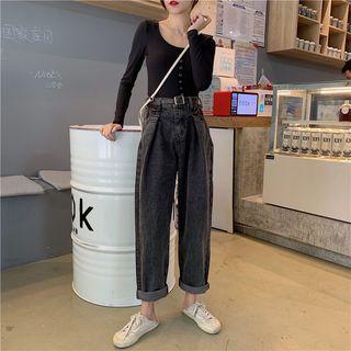 Long-sleeve Button Accent Top / High-waist Jeans