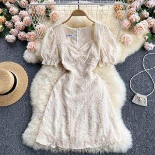 Square-neck Puff-sleeve Embroidered Chiffon Dress