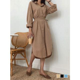 Pocket-side Long Shirtdress With Sash