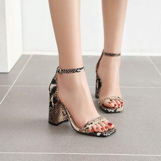 Snake Grain Faux Leather Ankle Strap Chunky Heel Sandals