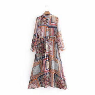 Puff-sleeve Patterned Midi Shirtdress
