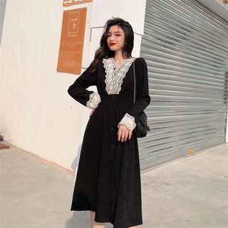 Lace Trim V-neck A-line Midi Velvet Shirtdress