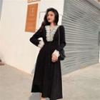 Lace Trim V-neck A-line Midi Velvet Shirtdress