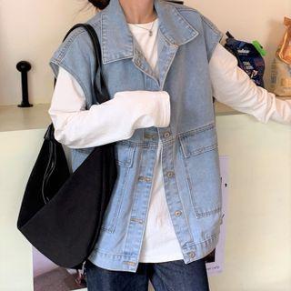 Long-sleeve Plain T-shirt / Button-up Denim Vest