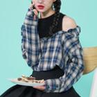 Mock Two-piece Long-sleeve Plaid Top As Shown In Figure - One Size