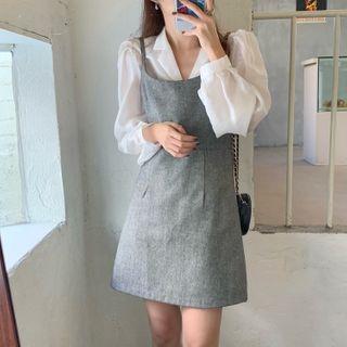 Puff-sleeve Blouse / Spaghetti Strap Mini Dress