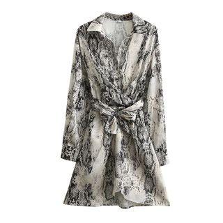 Long-sleeve Snake Print Mini Collared Dress