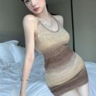 Halter Striped Knit Mini Sheath Dress Stripe - Beige & Brown - One Size
