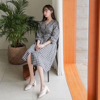 V-neck Tie-waist Plaid Dress
