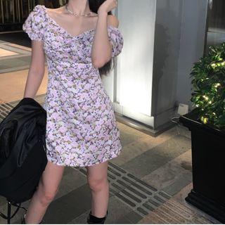 Puff-sleeve Off-shoulder Floral Mini Dress