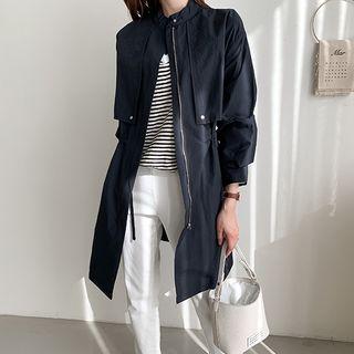 Mandarin-collar Drawstring-waist Zip Coat