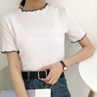 Frilled Round-neck Short-sleeve Cropped T-shirt