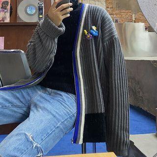Contrast Trim V-neck Zip-up Cardigan