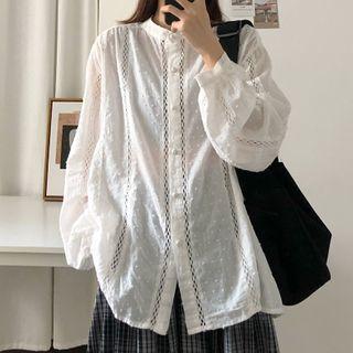 Lace Panel Buttoned Long-sleeve Blouse White - One Size