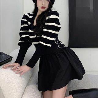 Puff-sleeve Striped Sweater / Buckled Mini A-line Skirt
