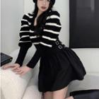 Puff-sleeve Striped Sweater / Buckled Mini A-line Skirt