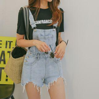 Fray-hem Washed Denim Overall Shorts