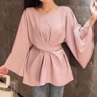 Long-sleeve Plain Gather Waist Top