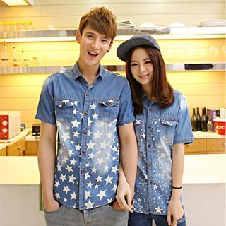 Star Print Denim Couple Shirt