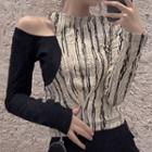 Mock Two-piece Long-sleeve Cold-shoulder Print Crop Top