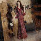 Slit-sleeve Sequined Trumpet Evening Gown