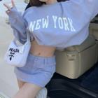 Lettering Crop Sweatshirt / Denim Pencil Skirt