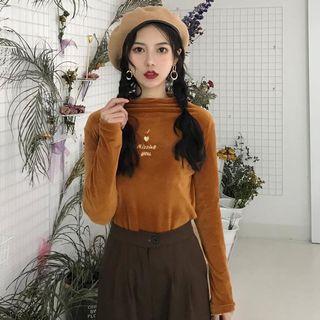 Long-sleeve Mock Neck Lettering Embroidered Velvet Top