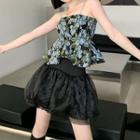 Chain Strap Floral Print Camisole Top / Mesh Mini Skirt