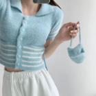 Striped Short-sleeve Knit Crop Top With Mini Pouch