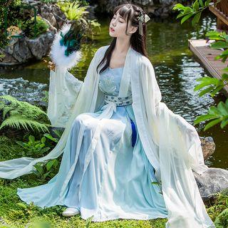 Hanfu Set: Camisole + Maxi Skirt + Short-sleeve Top + Long-sleeve Top + Tassel