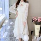 Long-sleeve Cut Out Lace Midi A-line Dress