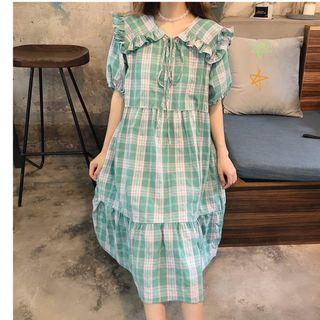 Elbow-sleeve Frill Trim Plaid Midi Dress