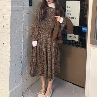 Long-sleeve Flower Print Midi A-line Dress Coffee - One Size