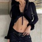 Cropped Fluffy Trim Tie-front Cardigan