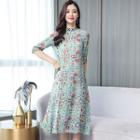 Traditional Chinese Elbow-sleeve Floral Midi Dress