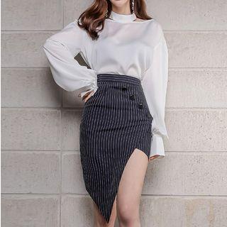 Plain Cut-out Blouse / Striped Irregular Hem Pencil Skirt