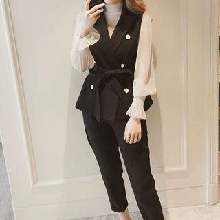 Set: Plain Blouse + Vest + Dress Pants
