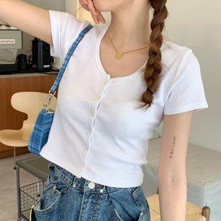 Cropped Plain Round-neck Single-breasted Top