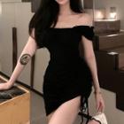 Off-shoulder Drawstring Asymmetrical Mini Sheath Dress