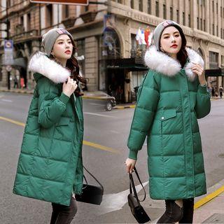 Furry Trim Hooded Zip Padded Long Jacket